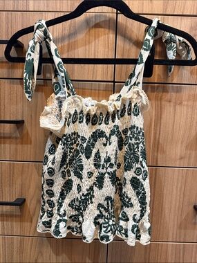 Sandro Green and Cream Smocked Tie-Shoulder Tank - 2/Medium (6-8)